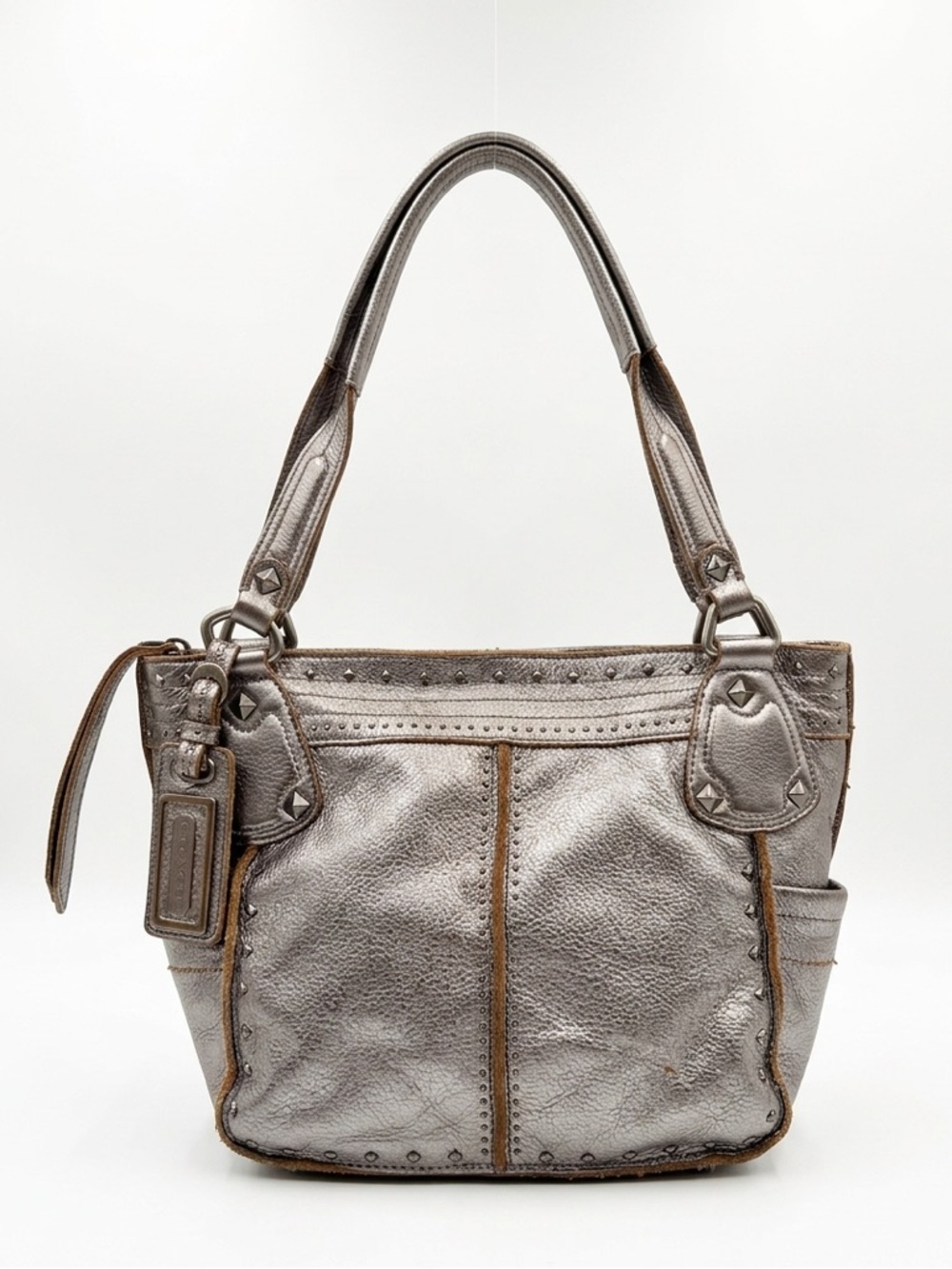 B. Makowsky Metallic Silver Studded Leather Shoulder Bag | Clean Leopard Lining
